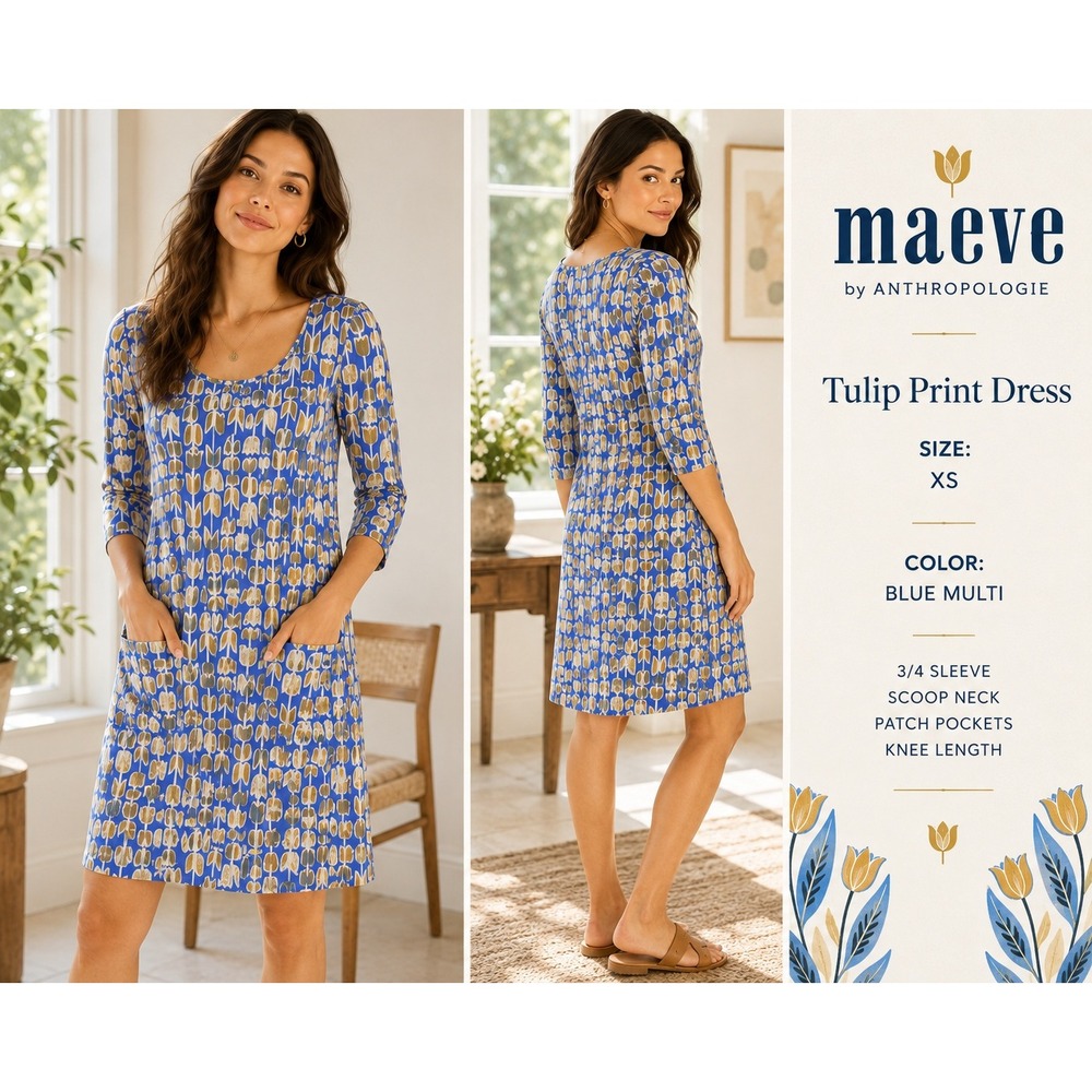Anthropologie MAEVE Dress XS Blue Mustard Tulip Floral 3/4 Sleeve Pockets #1859